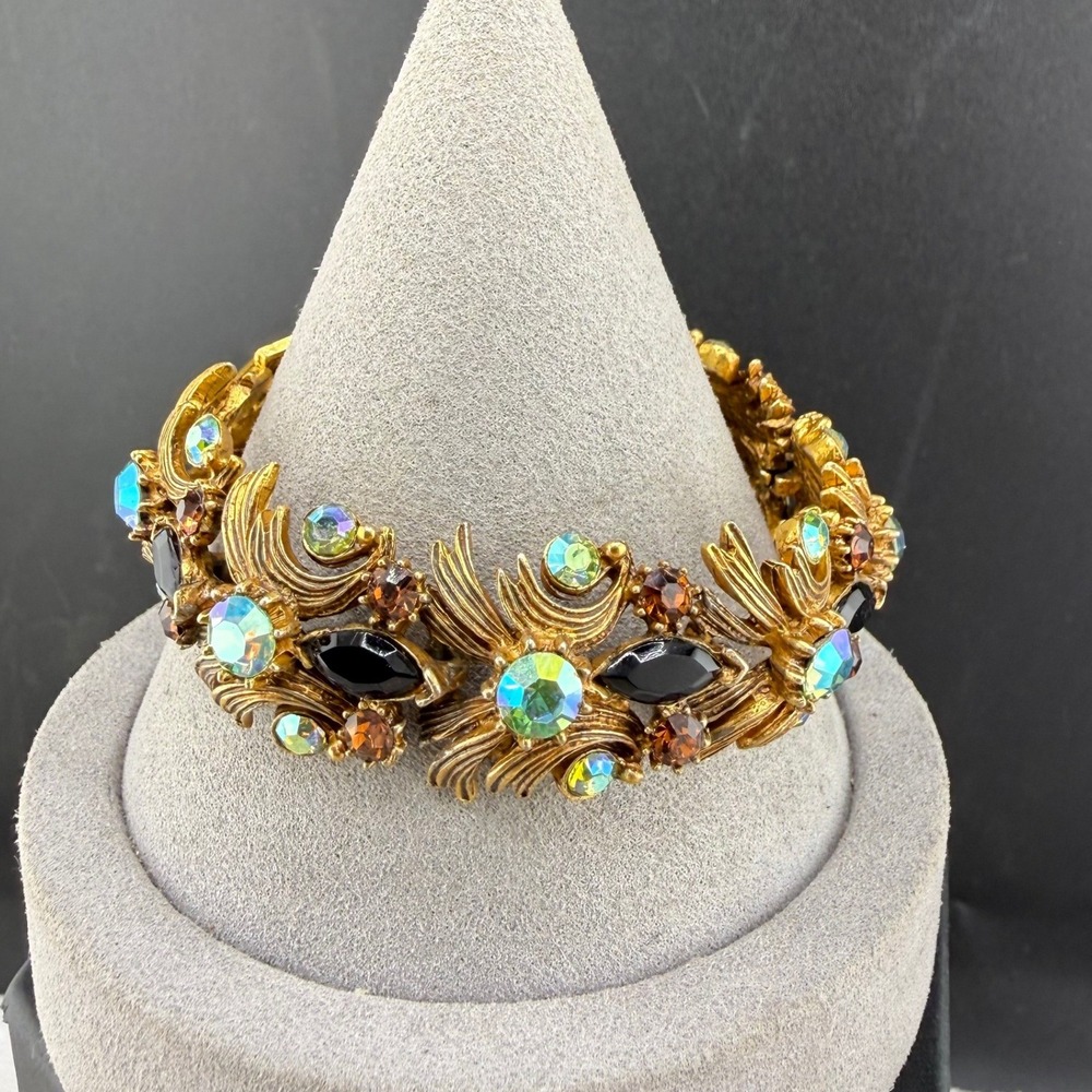 Vintage Florenza Link Bracelet Gold Tone AB‎ Black Rhinestone  7in